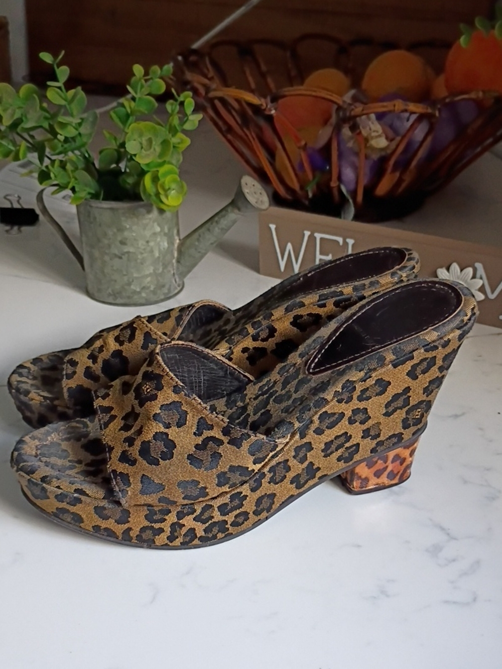 Fendi Leopard Print Slide Mules in Tan and Black